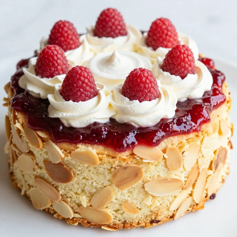 almond cake with raspberry jam, whipped cream, and fresh raspberries