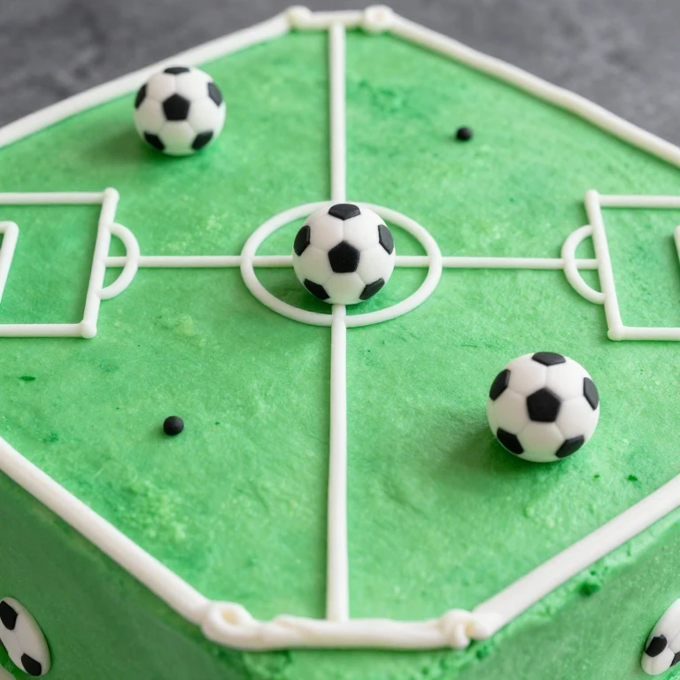 Soccer field sheet cake with green buttercream, white piped lines, fondant soccer balls
