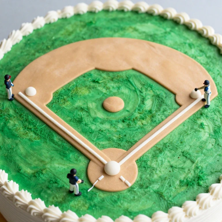 Baseball diamond sheet cake with green outfield, tan diamond, white baselines, fondant players
