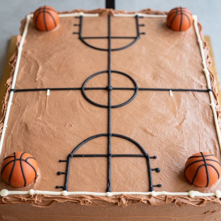Basketball court sheet cake with orange-brown frosting, black marker court lines, candy basketballs