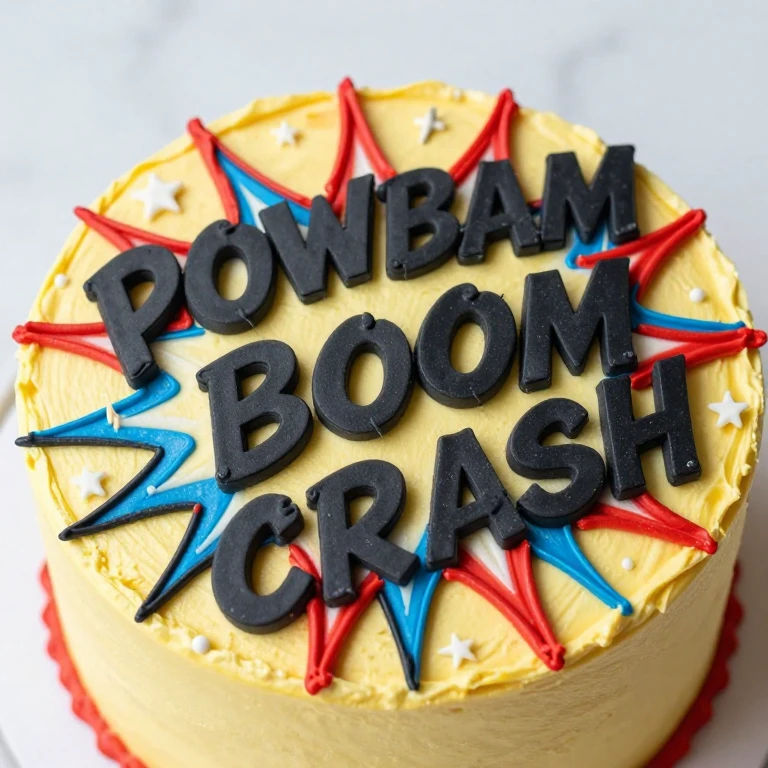 Comic book burst sheet cake with yellow base, red-blue radiating burst, black action word lettering