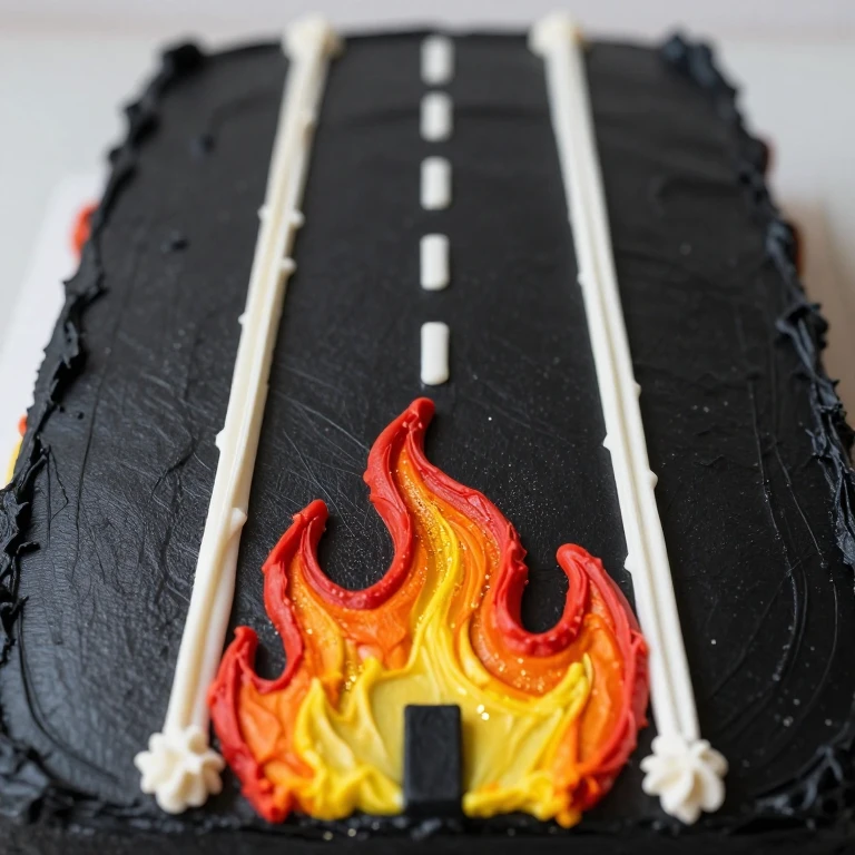 Drag strip sheet cake with black base, white lane dividers, red-orange-yellow flames, edible glitter