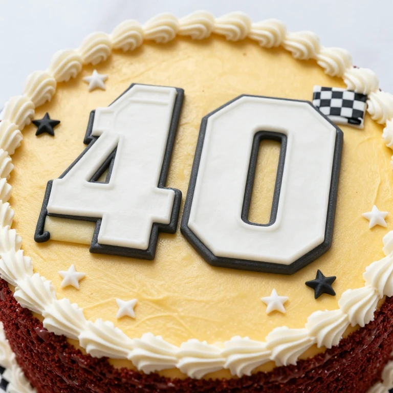 Racecar number sheet cake with yellow frosting, large white piped number, checkered flag details