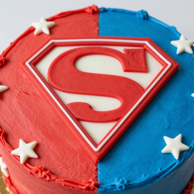 Superhero shield sheet cake with red-blue split, fondant shield, white symbol, piped stars