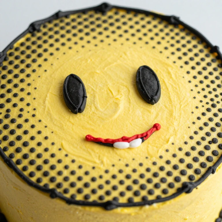 Comic book halftone dot sheet cake with yellow base, black dot pattern, character face, red accent