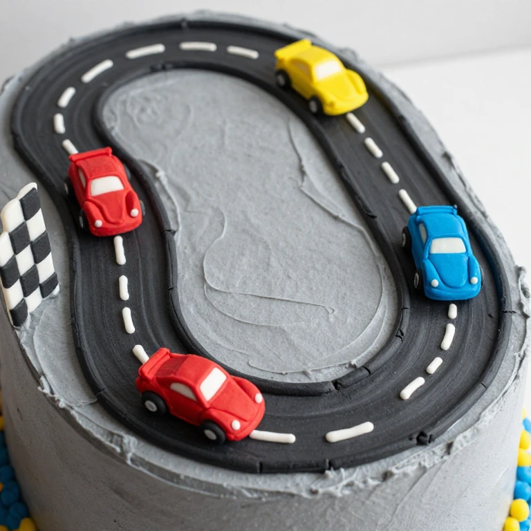 Race track sheet cake with gray asphalt, black oval track, white lane markers, colorful buttercream cars