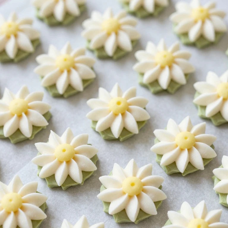 Buttercream daisy flowers with white petals, yellow centers, green leaves on parchment