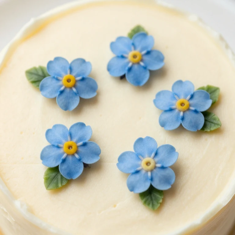 Sky blue forget-me-not flowers with golden centers and green leaves