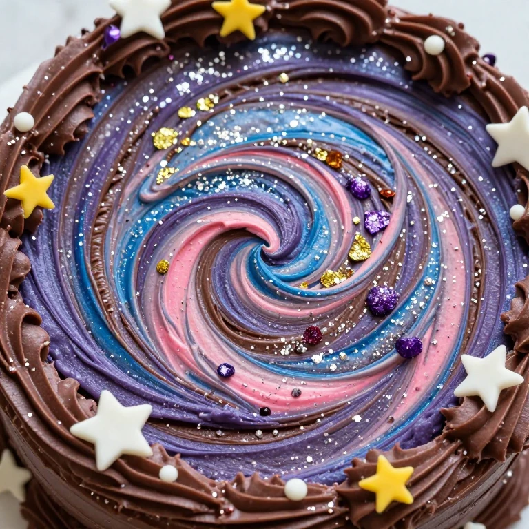 Galaxy swirl sheet cake with purple-blue-pink swirls, edible glitter stars, cosmic design