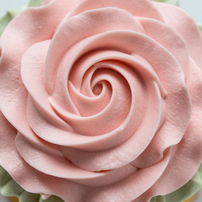 Blush pink buttercream rose swirl with sage green leaf on parchment