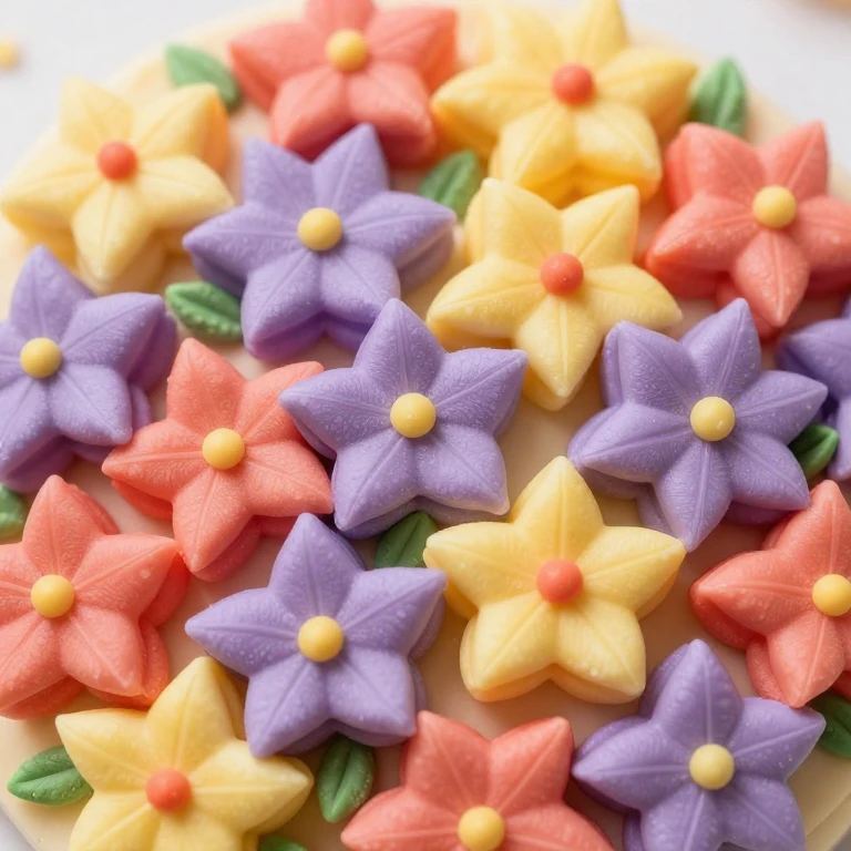 Lavender, coral, and yellow buttercream star flowers with green leaves