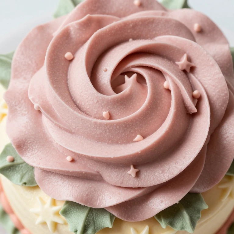 Dusty rose buttercream rosette with star texture and sage leaves