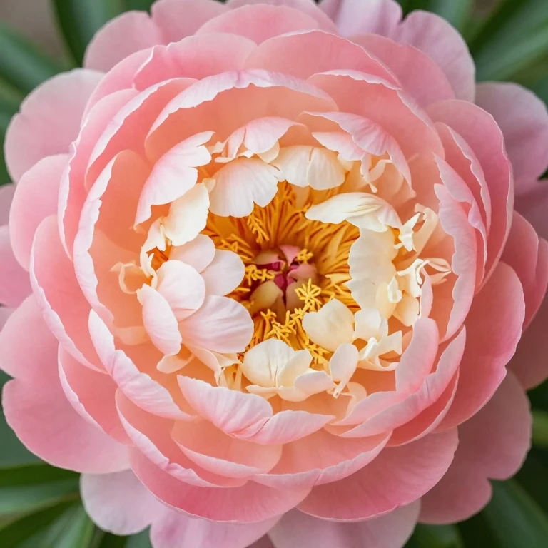 Layered peony bloom with blush, coral, cream layers and green leaves
