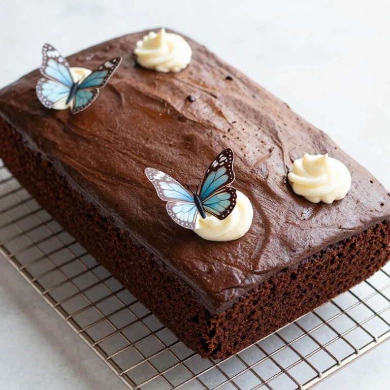 Moist chocolate cake with glossy finish, cooled on wire rack