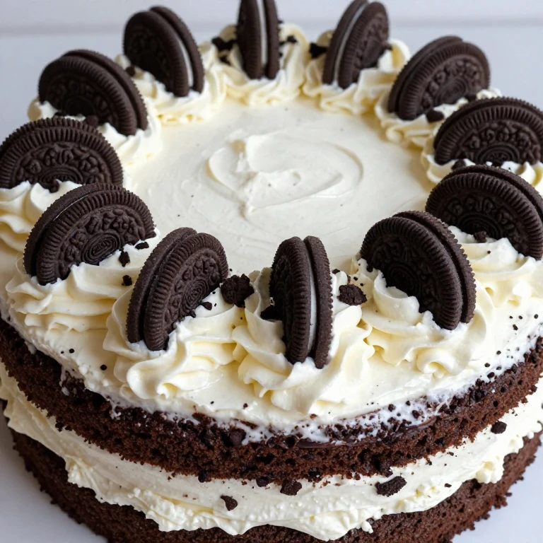 Chocolate cake with whipped cream frosting and Oreo cookie border