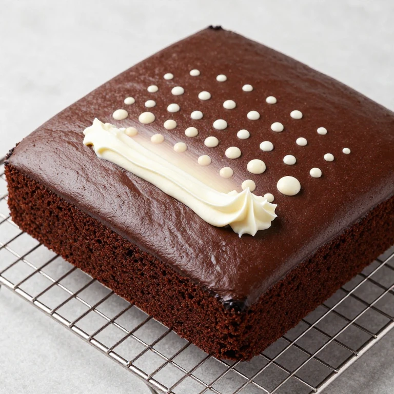 Moist chocolate cake, glossy finish, ready for piped dot decoration