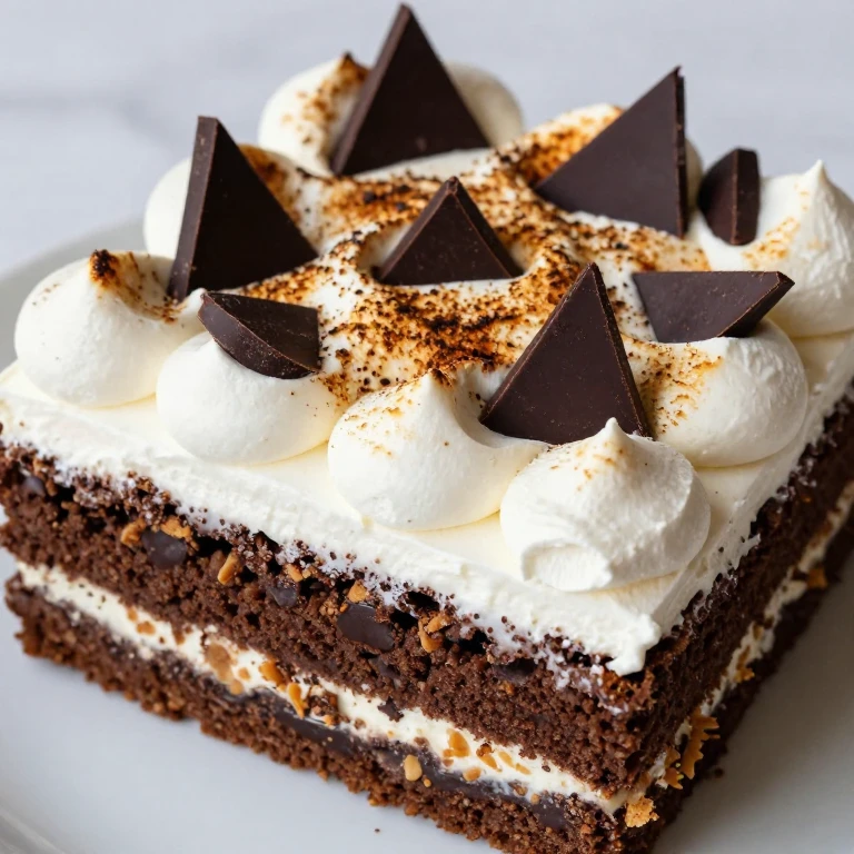 Chocolate cake with marshmallow frosting, graham crackers, and chocolate shards