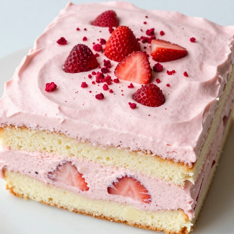 Pink strawberry cake with whipped cream and freeze-dried berry topping
