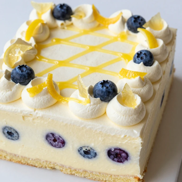 Lemon cake with blueberries, whipped cream frosting, and lemon curd swirl