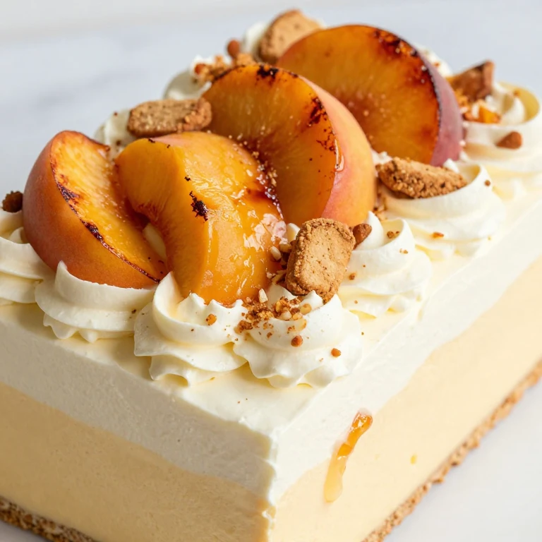 Peach cake with whipped cream, roasted peach slices, and crushed amaretti topping