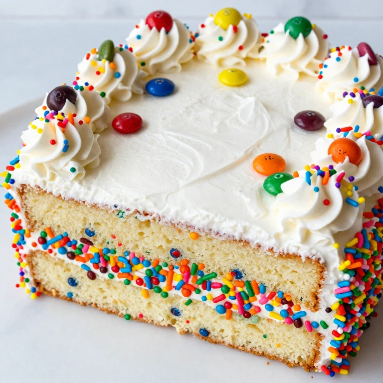 Vanilla cake with rainbow sprinkles, whipped cream frosting, and candy border