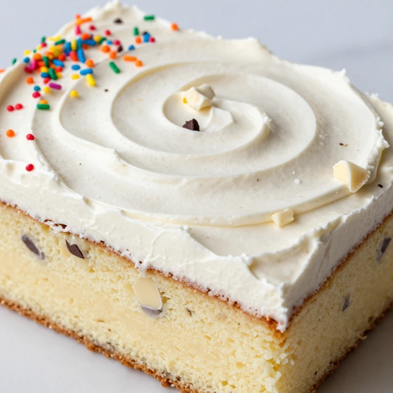 Vanilla cake with white chocolate frosting, white chocolate chunks, and rainbow sprinkles