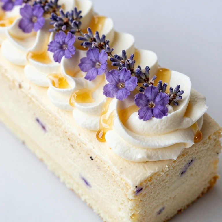 Vanilla cake with whipped cream, candied lavender flowers, and honey drizzle