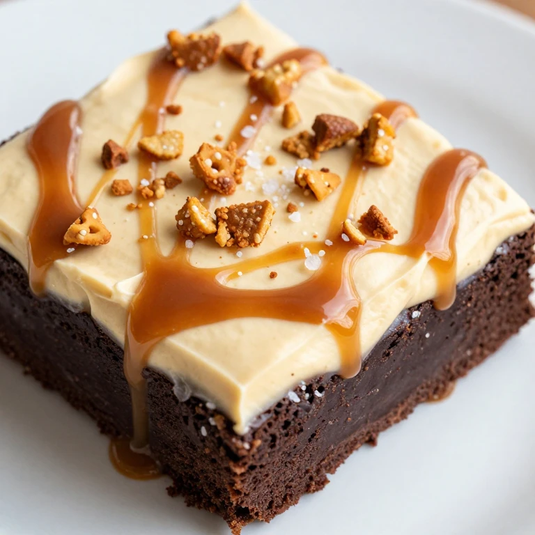 Chocolate cake with caramel frosting, pretzel topping, and sea salt flakes