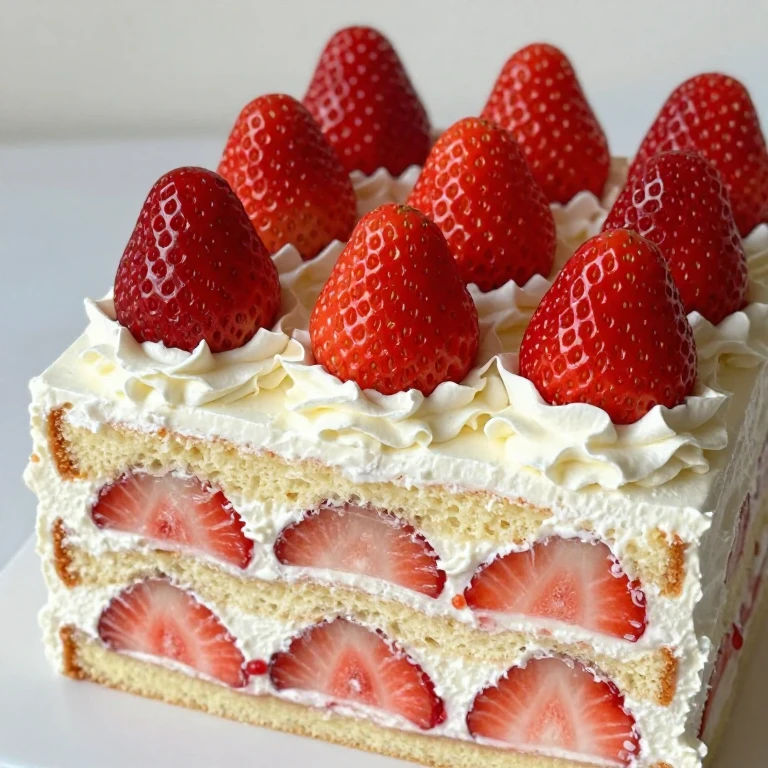 Vanilla cake with whipped cream, fresh strawberry slices, and whole strawberry crown