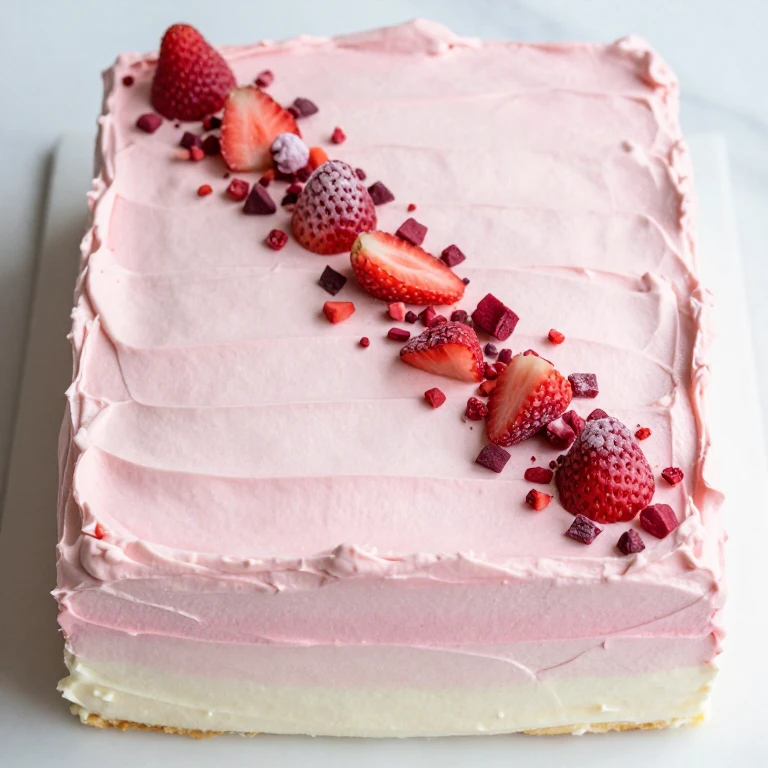 Strawberry sheet cake with pink ombré frosting and freeze-dried strawberries