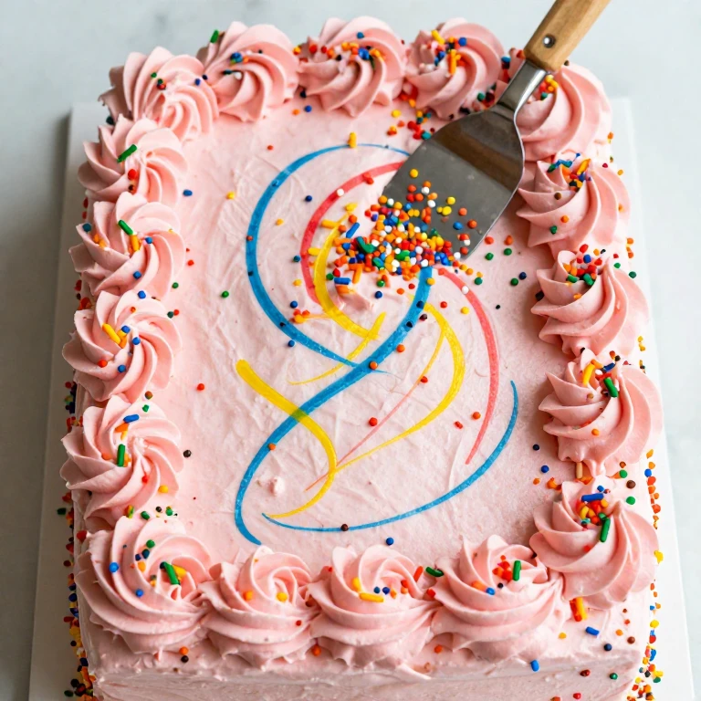 Birthday confetti cake with pink frosting and rainbow sprinkle swirl design