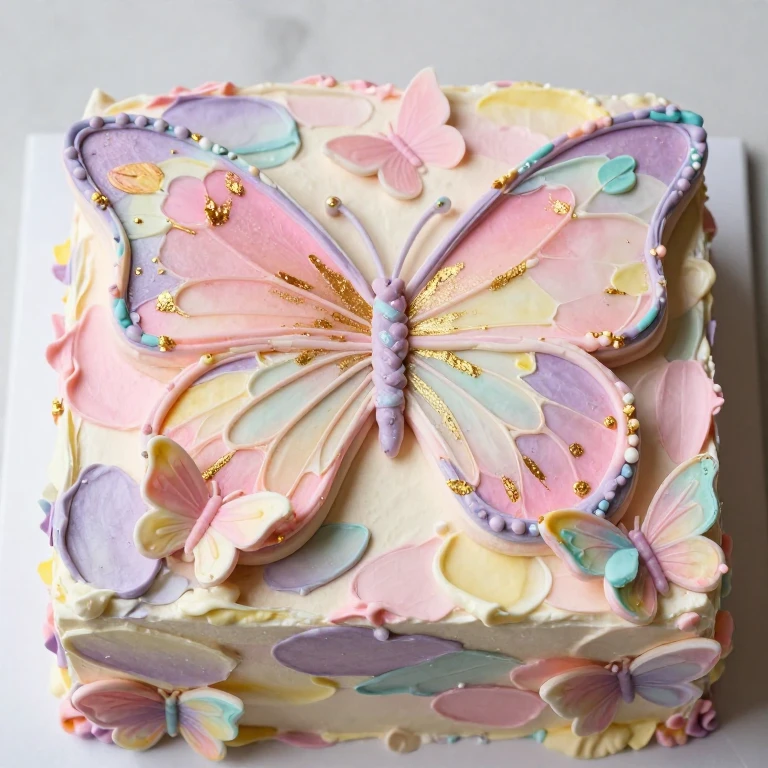 Sheet cake with pastel patchwork frosting and gold-dusted fondant butterflies