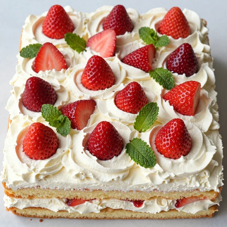 Strawberry shortcake with whipped cream frosting and fresh sliced strawberries