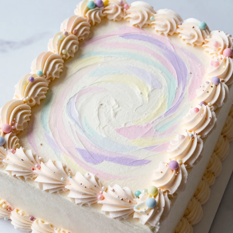Vanilla cake with pastel swirl frosting and edible pearl ball border decoration
