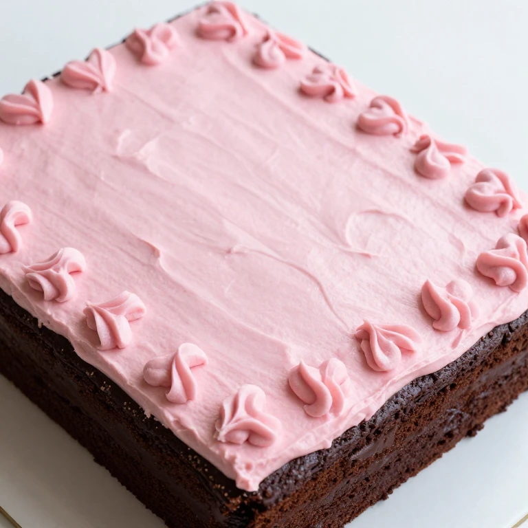 Chocolate cake with pink frosting decorated with piped heart designs