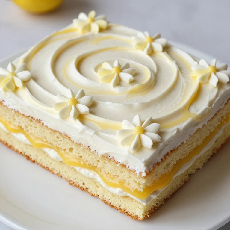 Lemon curd swirl cake with white and yellow daisy piping decoration