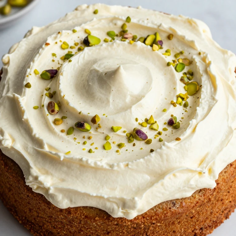 Cardamom cake with whipped cream cheese frosting and pistachio garnish