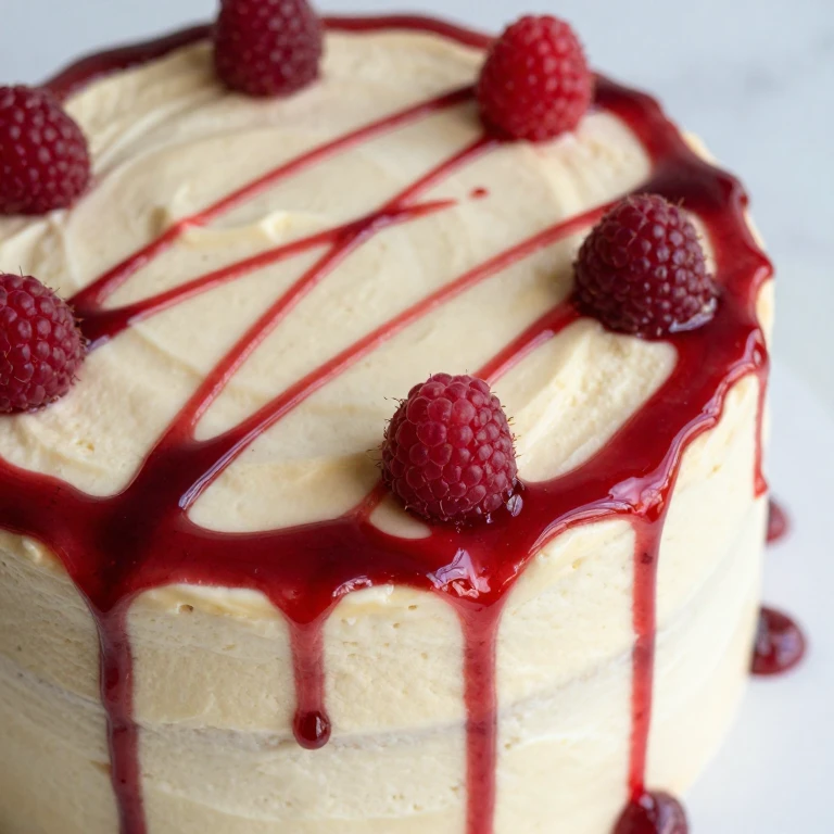 Champagne cake with elegant raspberry coulis drip design