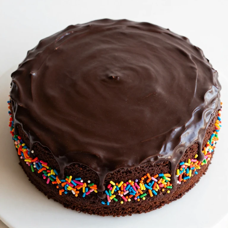 Chocolate fudge cake with glossy ganache and colorful sprinkle border