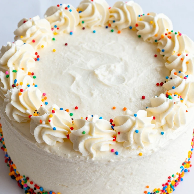 Funfetti cake with white frosting and rainbow sprinkle topping