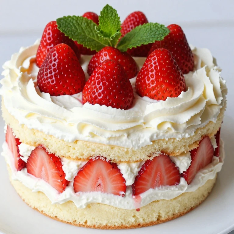 Strawberry shortcake with whipped cream layers and fresh mint garnish