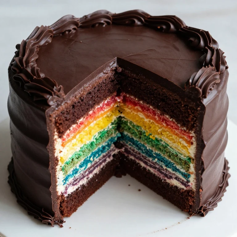 Chocolate cake with hidden rainbow frosting layers inside