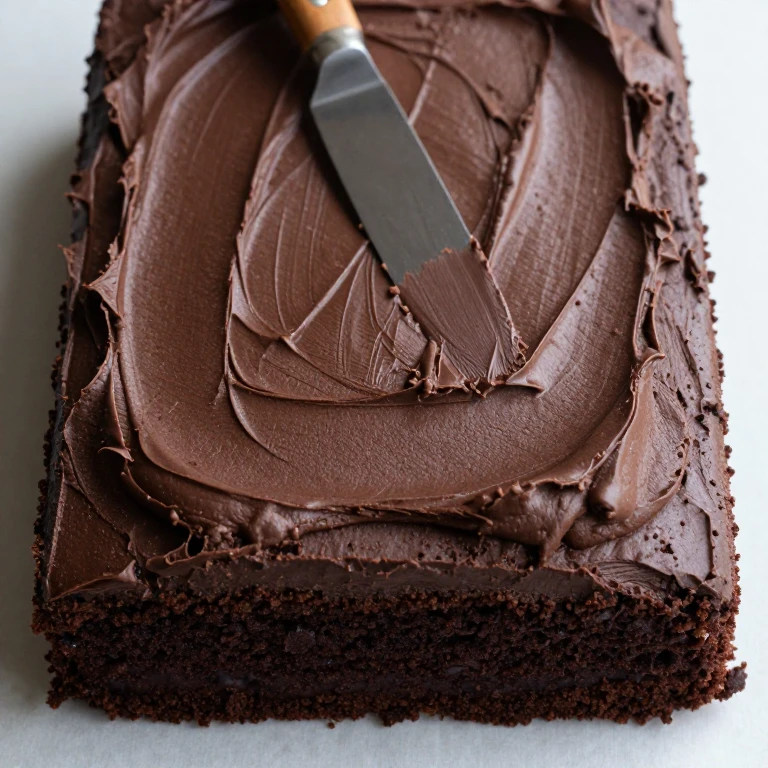 Dark chocolate sheet cake with matte chocolate buttercream frosting, textured surface