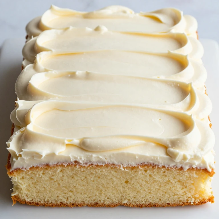 Classic vanilla sheet cake with smooth white buttercream frosting, overhead view