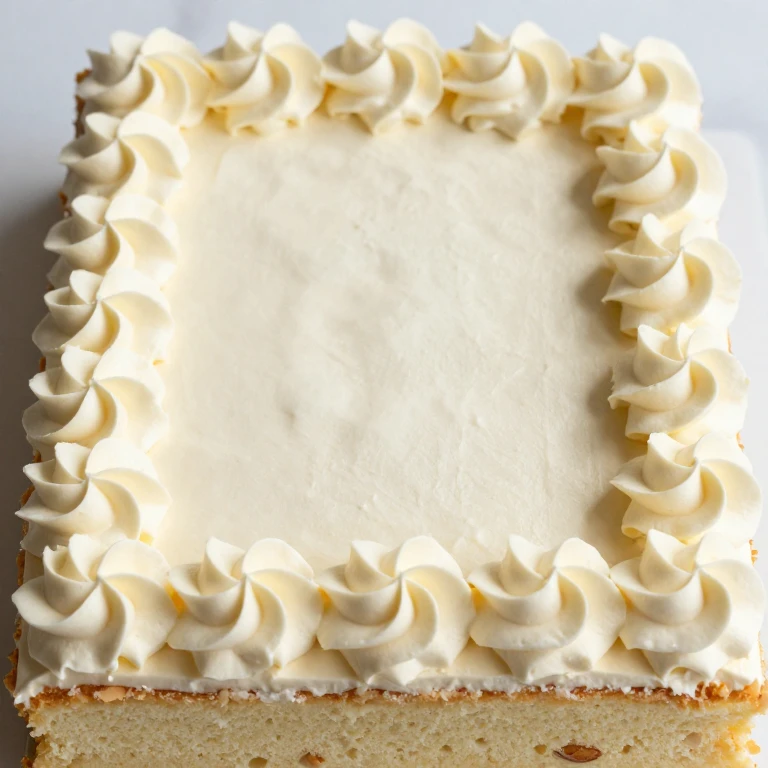 Almond sheet cake with piped white buttercream rosettes bordering smooth center