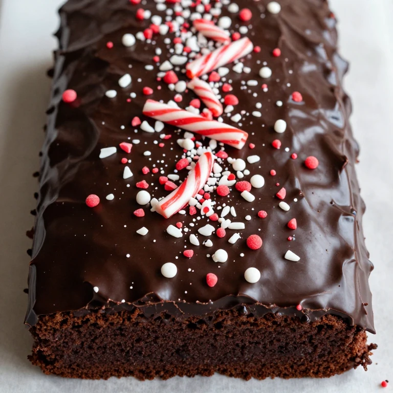 Dark chocolate sheet cake with chocolate ganache and crushed candy cane topping