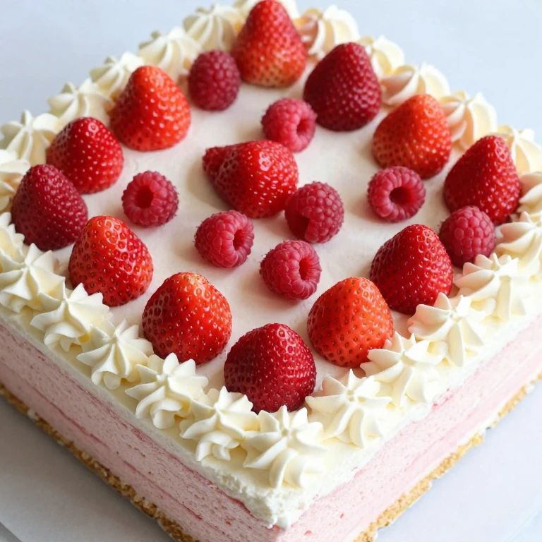 Strawberry sheet cake with white piped border and fresh berries scattered on top
