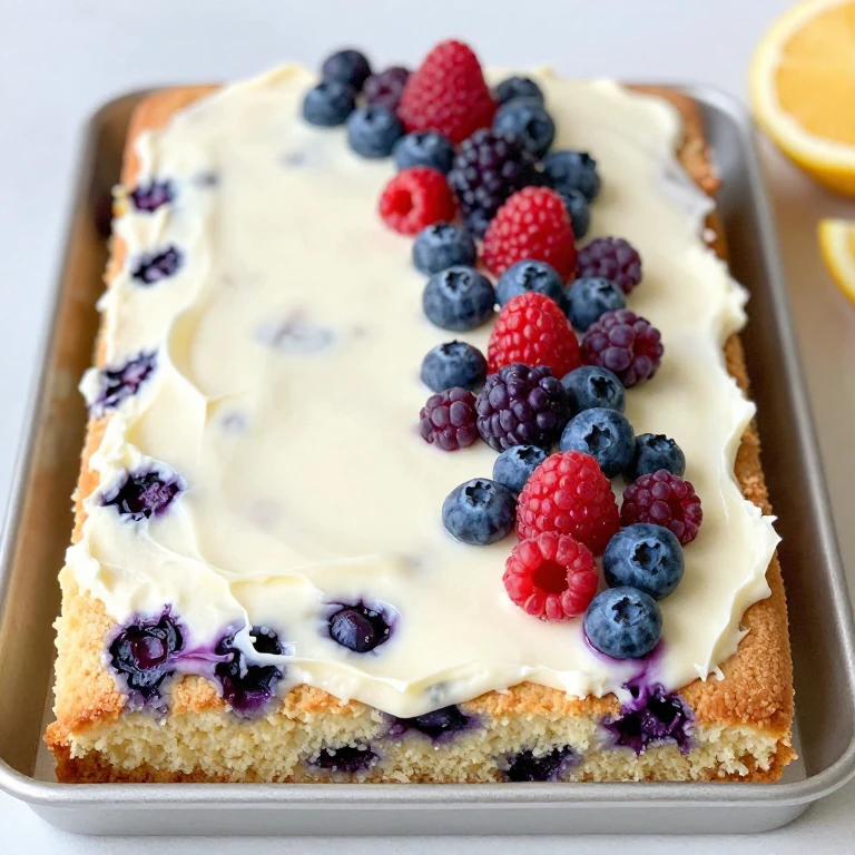 Blueberry lemon sheet cake with white frosting and cascading fresh berries