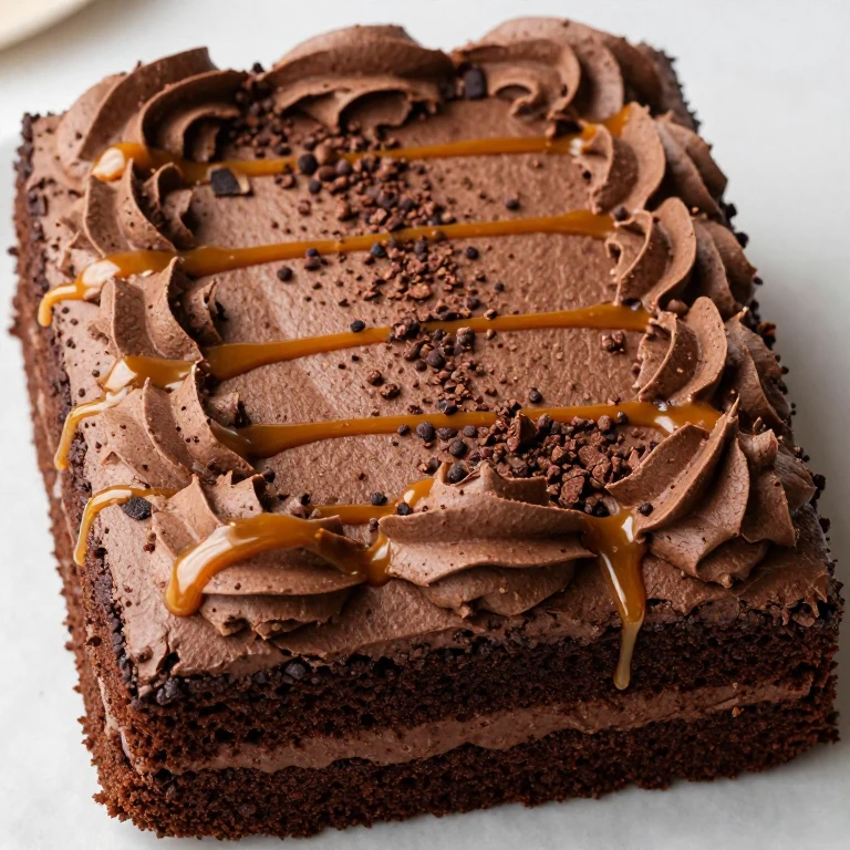 Espresso chocolate sheet cake with chocolate frosting, caramel drip, and cocoa nibs