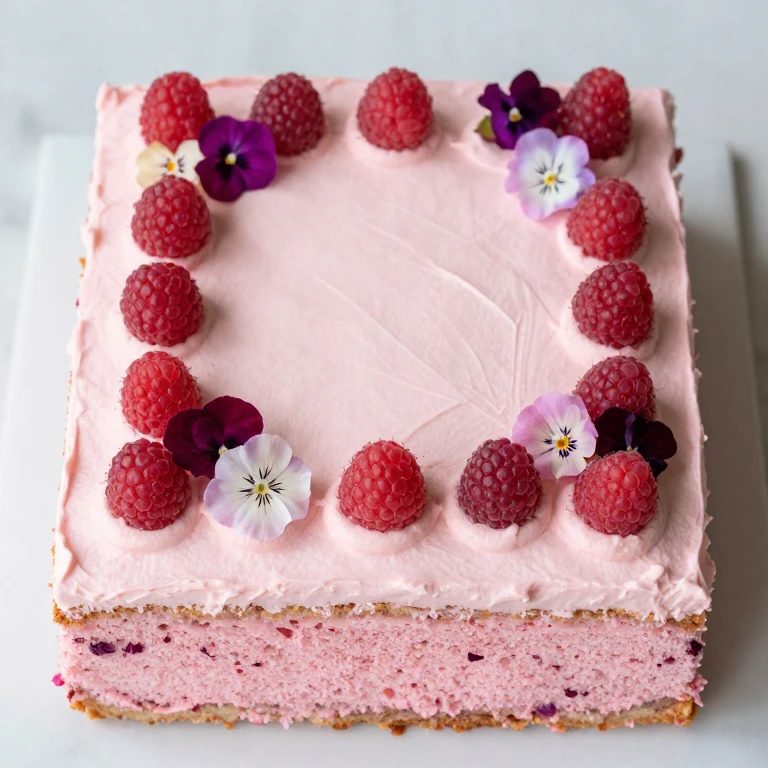 Raspberry rose sheet cake with pink frosting, fresh raspberries, and edible flowers